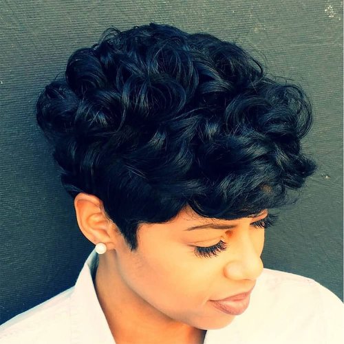 DOcute Black Short Pixie Cut Wigs for Black Women Short Wavy Hair Wig Pixie Cut Curly Wig with Bangs for Black Women Synthetic Fluffy Daily Wig Layered Heat Resistant Wigs (Natural black)
