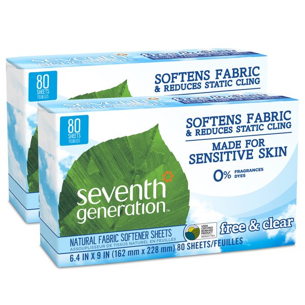 Seventh Generation Fabric Softener Sheets, Free and Clear, 80-Count (Pack of 2) Packaging May Vary