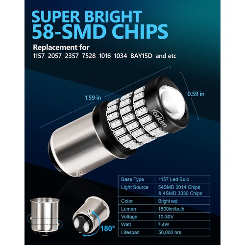 Yorkim Bright 1157 LED Bulbs Red, 1157 Brake Light Bulb, 9-30V 1157 2057 2357 7528 BAY15D LED Bulb with Projector Replacement for Back Up Reverse Lights or Tail Lights - Red