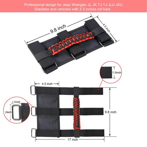 KOOLYNHO Roll Bar Grab Handles Hand Grips Accessories Paracord Hand Grab for Jeep Wrangler JL JK TJ YJ Gladiator Sahara Rubicon Unlimited (Red 4 Pack)