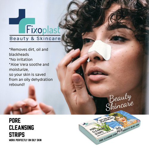 Fixoplast Nose Pore Strips with Aloe Vera, Blackhead Remover Strips, Beauty & Skincare, Cleansing, For All Skin Types, Dermatologically Tested, For Nose, Chin & T-zone, Pack of 40pcs,