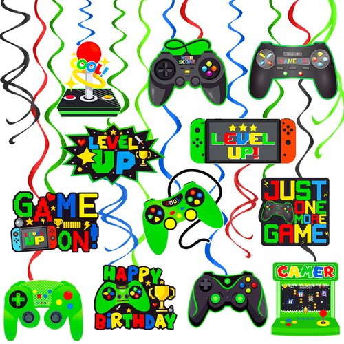 umoni Green Video Game Hanging Swirls 20Pcs Gamer Birthday Party Decorations Game On Birthday Party Hanging Decoraiton Gaming Ceiling Streamers for Game Level Up Party Supplies