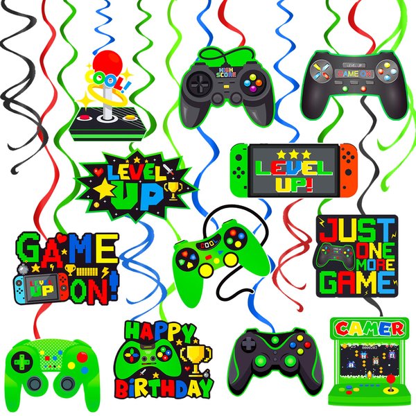 umoni Green Video Game Hanging Swirls 20Pcs Gamer Birthday Party Decorations Game On Birthday Party Hanging Decoraiton Gaming Ceiling Streamers for Game Level Up Party Supplies