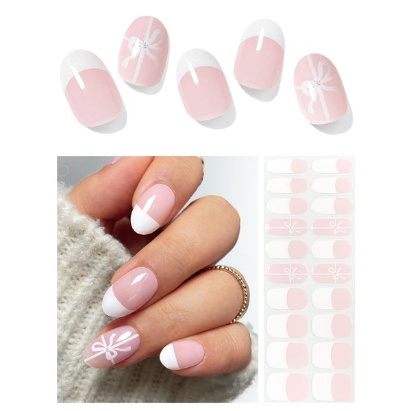 AutyaMee Semi Cured Gel Nail Strips (French Bow)-20 PCS Gel Nail Stickers | Gel Nail Wraps | UV Light Required, Salon Quality & Easy To Use
