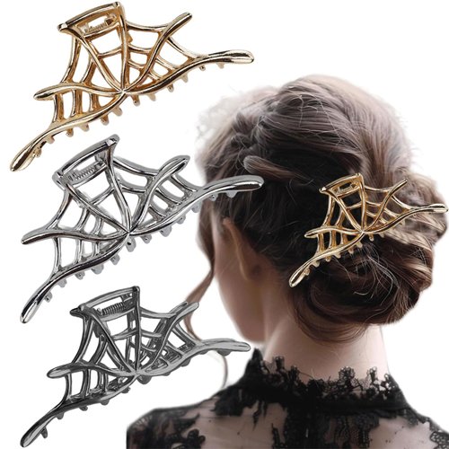 AUOCATTAIL Halloween Hair Clips 3Pcs Spider Web Hair Clips Gothic Metal Claw Clips Strong Hold Nonslip for Thick or Thin Hair, Halloween Jaw Clips Accessories for Women