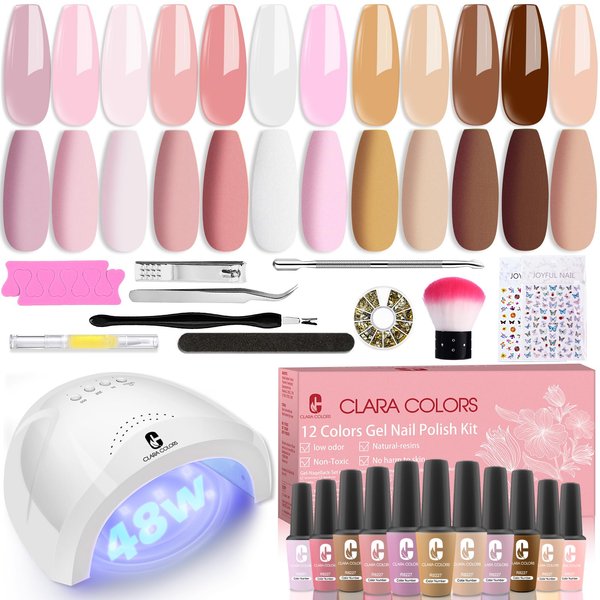 Clara Colors Gel Nail Polish Set with UV Light - 12 Colors Nude Pink Gel Polish Kit with Base Glossy Matte Top Coat All In One Starter Kit for Beginners with Tools Nail Manicure Kit