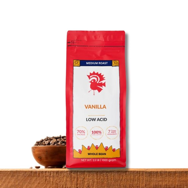 Puroast Low Acid Coffee , Whole Bean , Vanilla , Medium Roast , Certified Low Acid Coffee , pH 5.5+ , Gut Health , 2.2 LB , Higher Antioxidant , Smooth for Cold Brew & Iced Coffee , Flavored Coffee