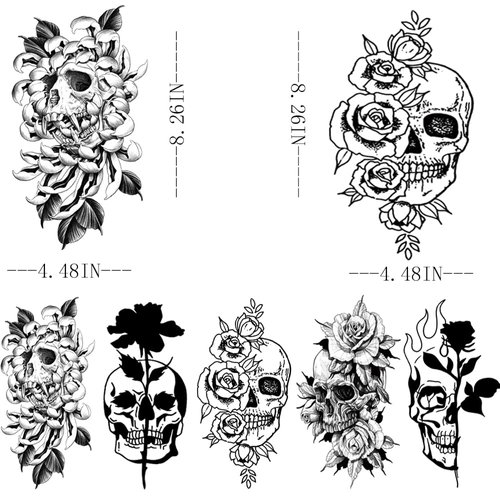 Halloween Temporary Tattoo 5 Sheet Black Skull Fake Tattoos Rose Flower Tattoos Temporary Realistic Body Arm Neck Chest Shoulder Floral Tattoos Stickers For Adult Kids Parties Festival Accessories