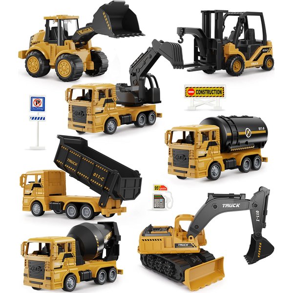 Geyiie Construction Trucks Toys, Kids Construction Vehicles Site, Sandbox Toys Playset for Boys Girls, Pull Back Cars Excavator Tractor Bulldozer Gifts for Party Favor