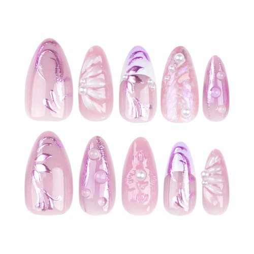 24Pcs Almond Press on Nails Medium Fake Nails Purple Flower & 3D Pearl Design Acrylic Nails French Press on Nails Pink False Nails Full Cover Glossy Stick on Nails for Women Girls Jelly Press on Nails