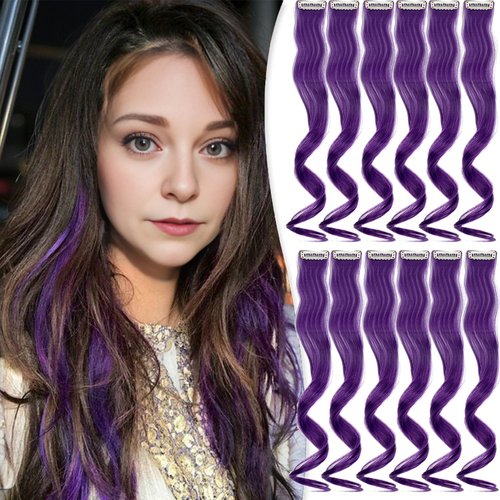 Colored Clip in Hair Extensions 20 Inch Rainbow Hair Synthetic Wavy Hair Extensions for Women Girls Kids Gift Multi-Colors Party Hairpiece Purple
