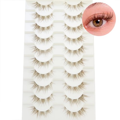 DAODER Brown Mink Lashes Natural Look Cat Eye Super Thin Clear Band Brown False Eyelashes Wispy Anime Lashes 13mm Short Fake Lashes 10 Pairs Reusable Eye Lashes Pack for Daily Wear(Brown Cat Eye)
