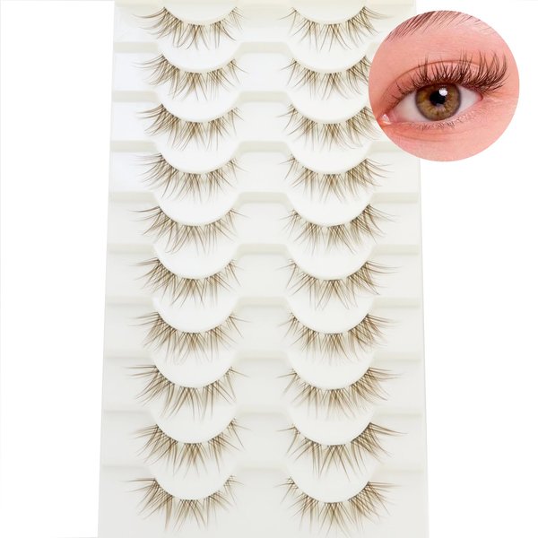 DAODER Brown Mink Lashes Natural Look Cat Eye Super Thin Clear Band Brown False Eyelashes Wispy Anime Lashes 13mm Short Fake Lashes 10 Pairs Reusable Eye Lashes Pack for Daily Wear(Brown Cat Eye)