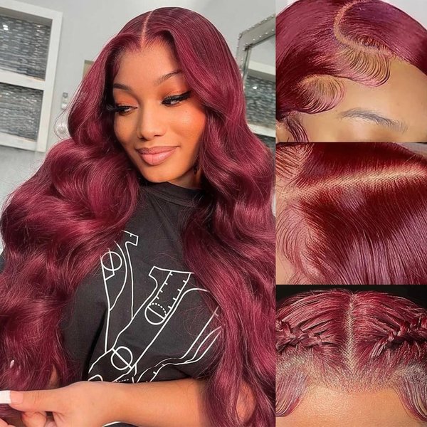 Jessica Hair 7x6 HD Lace Front Wigs Glueless Body Wave Wigs for Women Burgundy Lace Front Wigs Bleached Knots Pre Plucked Hairline with Baby Hair(18 Inch)