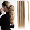 Ponytail Extension Human Hair 100% Real Remy Human Hair Wrap Around Ponytail Long Straight Ponytail Hairpiece Pony Tails Hair Extensions (14inch, P10/613(Dark Brown and Bleach Blonde))