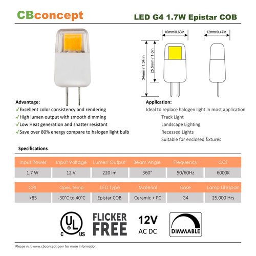 CBconcept UL Listed, G4 LED Light Bulb, 5 Pack, Epistar COB 1.7 Watt, Dimmable, 220 Lumen, Pure White 6000K, 360 degree Beam Angle, 12 Volt, 20W Equivalent, G4 Bi Pin Base Halogen Replacement Bulb