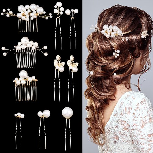 10 Pcs Bridal Wedding Pearl Hair Pins Set Wedding Hair Accessories Pearl Jewelry Bridesmaids Flower Girls Pearl Hairpin Vintage Hair Headpiece Leaf Pearl Hair Accessories