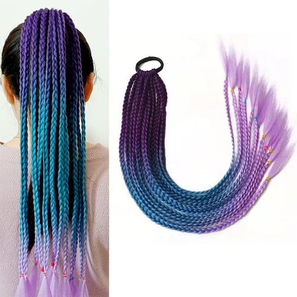 meigick 1PC Ponytail Extensions Purple Colored Braids Hair Extension with Rubber Bands 24” Long Braided Synthetic Ponytail HairPieces Highlights Rainbow Crazy Day Hair Accessories for Women Girls Kids