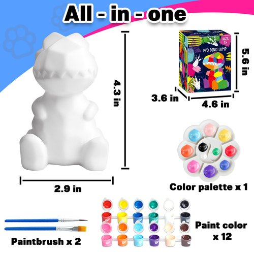 FUNZBO Paint Your Own Dinosaur Lamp - Arts and Crafts Supplies Painting Kit for Kids, DIY Christmas Craft & Birthday Gift for Toddlers Boys Girls Teens Age 3 4 5 6 7 8 9 10 11 12 13 Years Old
