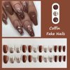 MISUD Coffin Press on Nails Medium Ballerina Fake Nails Fall Brown Acrylic Nails Glossy Glue on Nails Luxury Bling Glitter Stick on Artificial Nails Autumn False Nails 24 pcs