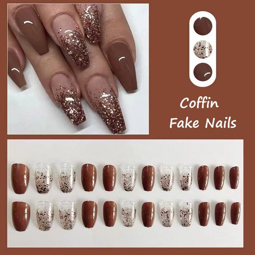 MISUD Coffin Press on Nails Medium Ballerina Fake Nails Fall Brown Acrylic Nails Glossy Glue on Nails Luxury Bling Glitter Stick on Artificial Nails Autumn False Nails 24 pcs