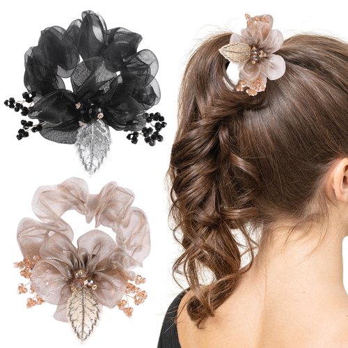 HLTOO 2 Pack Flower Hair Scrunchies, Leaf Elastic Hair Ties, Acrylic Rhinestone Hair Band, Ponytail Holders, Hair Accessories, for Women and Girls, Black and Champagne