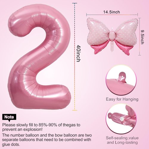 40 Inch Pink Number 2 Balloon & Mini Bow Balloon for Girl Birthday Party Decorations, 2nd Birthday Party Decorations Pink Theme Party Balloons Decorations Supplies
