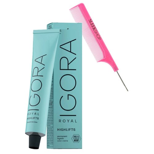 Sleekshop Comb + IGORA ROYAL HIGHLIFTS by Schwarzkapf Professional PERMANENT HIGH LIFTS Creme Hair Color Dye, 100% Coverage Cream Haircolor, Newest 2023-2024 Version (with SLEEKSHOP Argan-Oil Infused PINK Rat Tail Steel Pin Comb) (12-21 Special Blonde Ash
