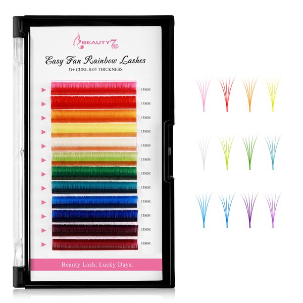 Beauty7 Colored Lash Extensions Rainbow Lashes Easy Fan 12 Colors Lashes Self Fanning Ombre Lash Extensions D+ Curl 0.05mm thickness 13mm Dramatic Eyelashes Extension