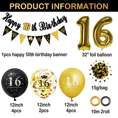 30th Birthday Party Decorations for Men Women Black and Gold, Black Gold Happy Birthday Banner Sign 30th Happy Birthday Balloons for 30th Anniversary Birthday Party Supplies Outdoor Indoor Décor