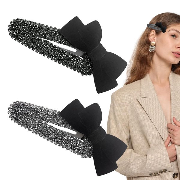 2 Pack Velvet Bowknot Rhinestone Hair Clips Bling Metal Snap Hair Barrettes Sparkle Bow Rhinestone Hairpins Hair Accessories for Women Girls Thin Hair (Silver+Black)