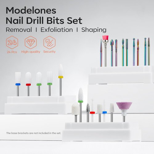 Modelones 24Pcs Nail Drill Bit Set, 3/32” Ceramic Diamond Carbide Nail Drill Bits, Acrylic Gel Nail Bit Kit, Cuticle Remover Bits for Acrylic Gel Dip Powder Nail Manicure Pedicure