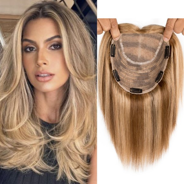 Lovenea Human Hair Topper 18 * 20 cm Swiss Lace Base Hairpiece 8 Inch Clip in Human Hair Toppers Straight Human Hair Pieces for Women with Hair Loss Thinning Piano 4/27 Color (8 Inch, P4/27#)