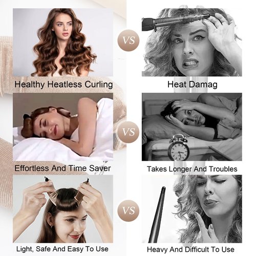 Hair Curler Rods 2PCS Jumbo Heatless Hair Curling Set No Heat Damage Hair Curler Volume Hair Curls Blowout Rods Hair Roller Headband with Silk Headscarf for Women Overnight Sleeping Curling Hair Khaki