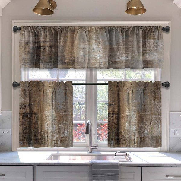 MCALK Brown Kitchen Curtains Tiers and Valances Set 3 Piece for Windows Grey Kitchen Window Curtains Set,Modern Abstract Art Valances for Living Room(36" Tiers Set)