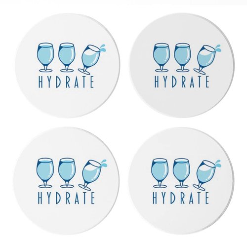 Hydrate, Joyride Home Decor, 4 Ceramic Coasters, 4-inch Circle Drink Coasters, Set of 4, Non-Slip Cork Back, Protects Surfaces, Express Your Style.