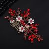 Teyglen Flower Pearl Bride Wedding Hair Comb Red Crystal Hair Comb Bridal Hair Piece Decorative Hair Accessories for Bride Rhinestone Headpiece for Women Grils (Red)