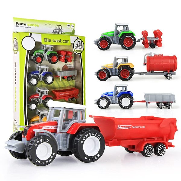 HOMSEEK Kid's Farm Tractor Toys with Trailers,Alloy and ABS Cake Decorating Car Truck Funny Tractor Vehicle Value Play Set Toy,(Set of 4)