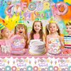 157pcs Four Ever Sweet Birthday Decorations Girl Include Banner, Hanging, Plates and Napkins, Tablecloth, Paper Cups, Forks, Straws, Donut 4th Birthday Balloons, for 4th Birthday Decorations Girl