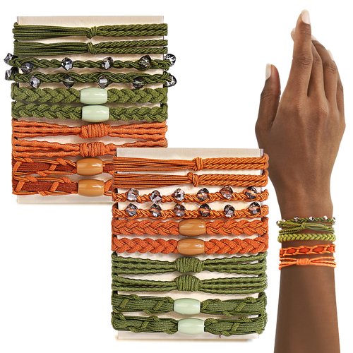 BSRESIN 20 Pcs Boho Hair Ties for Women, Crystal Bracelet Hair Ties(Green+Brown), 5 Styles Cute Hair Tie for Thick Hair/Pony Tails, Elastic Hair Ties No Damage for Girls