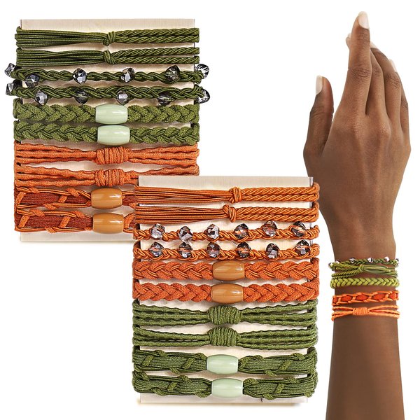 BSRESIN 20 Pcs Boho Hair Ties for Women, Crystal Bracelet Hair Ties(Green+Brown), 5 Styles Cute Hair Tie for Thick Hair/Pony Tails, Elastic Hair Ties No Damage for Girls