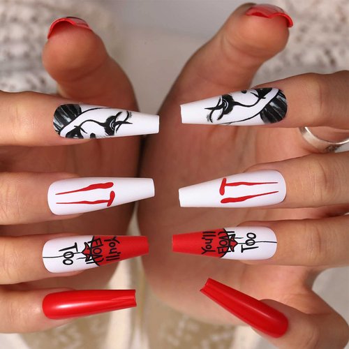 Florry Halloween Extra Long Press on Nails Coffin Fake Nails Black Matte Acrylic Nail for Women and Girls 30Pcs (Vampire)