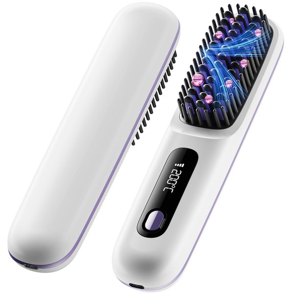 Cordless Hair Straightener Brush, Portable Anion Hair Straightener Brush for Women Lightweight Ceramic Coating Negative Ion Anti-Scald Hair Straightener for Women Travel Styling Hairstyler Salon