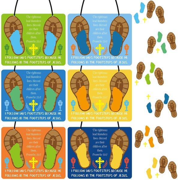 Lunmon 24 Sets Father's Day Craft Kit for Kids Bulk Religious Father's Day Footprint Craft Kit with Black Rope Father's Day Footprint Craft Kit DIY for Father's Day Sunday School Family Activity