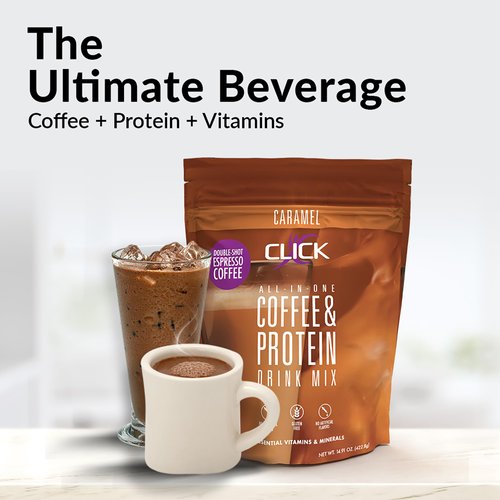CLICK Coffee Protein Powder | Double Shot Espresso | 16g Protein | 23 Essential Vitamins | Low Calorie Meal Replacement | 150mg Caffeine | Gluten Free | No Artificial Flavors or Colors | Caramel