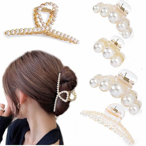 Nenluny 5pcs Pearl Hair Claw Clips for Women Girls Hair Barrette Clamps for Thick Thin Hair Big Banana Jaw Clip Barrettes Fancy Hair Accessories