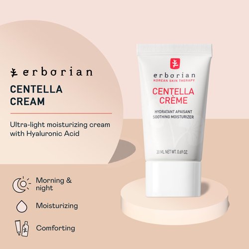 Erborian Face Moisturizer Cream Centella Cream - Ultra Light-Weight Facial Moisturizing Cream with Shea Butter, Hyaluronic Acid, Glycerin & Beta Glucan - Soothes & Hydrates Skin - All Skin Types, 20ml
