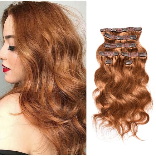 viviaBella Body Wave Clip in Human Hair Extensions Copper Red 22 Inches 140 Gram Human Hair human hair clip in extensions Brazilian Virgin Hair Double Weft 7Pcs/lot 16 Clips(Copper Red, 140g 22")