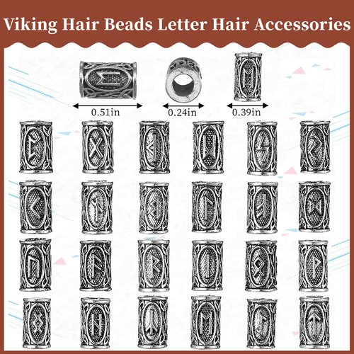 24 Piece Norse Vikings Runes Hair Beard Beads for Bracelets Necklace Accessories DIY Includes 7 Pieces Pull Hair Pin Quick Beader Hair Tool and Black Rubber Bands for Women Men