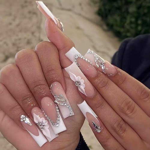 DOCVOEOMH Long Press on Nails Square French White Rhinestones Acrylic Fake Nails with 3D Alloy Butterfly Design Glue on Full Cover Artificial Gel False Stick on Nail for Girls Women Wedding 24Pcs